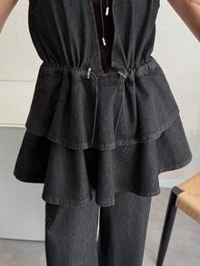 FRIFUL Bộ jumpsuit denim dáng rộng, cổ chữ V sâu, eo thắt dây, phối bèo nhún, dành cho nữ, thích hợp cho mùa hè. - màu đen - Xem 3