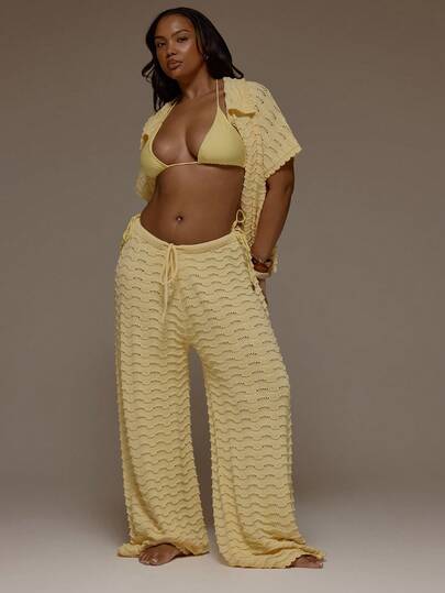 MUSERA Plus Size Tie Waist Crochet Knit Patterned Wide Leg Pants Trousers Spring Summer Vacation Beach Holiday Cover Up Cute