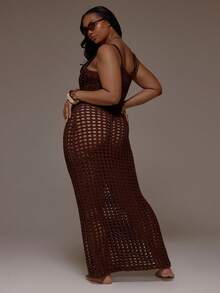 MUSERA Plus Size Open Crochet Knit Fitted Maxi Dress Cover Up Spring Summer Vacation Beach Holiday Cover Up Cute Ibiza Elegant - Coffee Brown - View 2