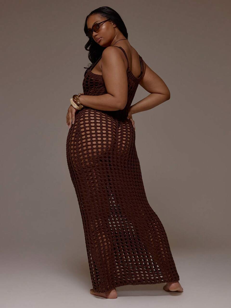 Curve Open Crochet Knit Fitted Maxi Dress Cover Up Spring Summer Vacation Beach Holiday Cover Up Cute Ibiza Elegant
