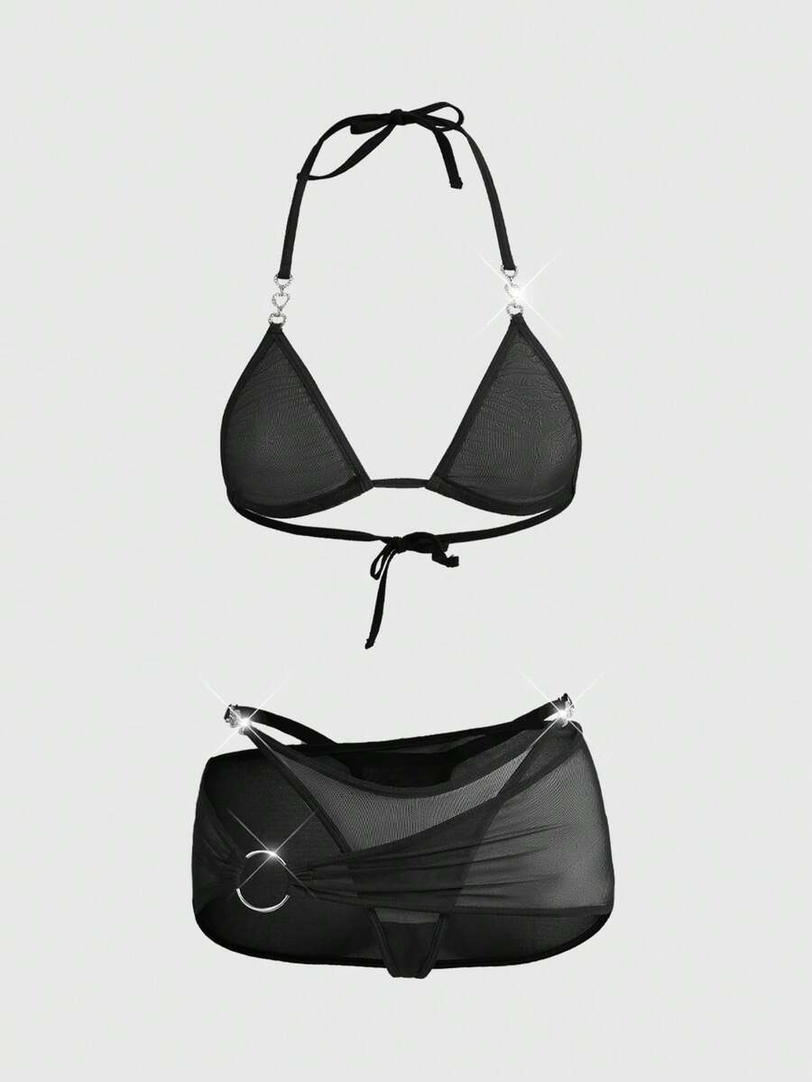 ROMWE Grunge Punk 3件套哥特朋克Y2K音乐节高弹网纱心形金属扣文胸、丁字裤和迷你裙性感内衣套装 - 黑色 - 查看 1