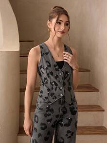 Selenza Áo khoác denim không tay họa tiết da báo dành cho nữ, kiểu dáng thường ngày, đính đá, thích hợp cho mùa hè. - Xám - Xem 4