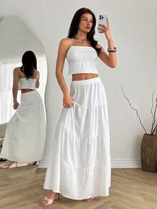 EURMUSE Bộ hai mảnh gồm áo croptop thêu ren và chân váy maxi xếp tầng, chất liệu vải cotton. - trắng - Xem 4