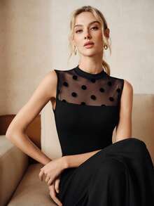 Anewsta New Elegant Fashion Casual Holiday Party Sexy Outing Professional Versatile Polka Dot Mesh Splice Elastic Fitted Sleeveless Women Tank Top, Spring/Summer - Black - View 7