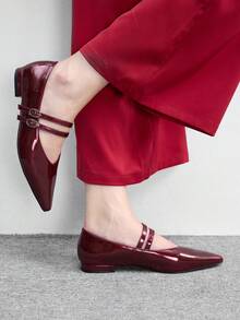 CUCCOO BIZCHIC 女士四季鞋款双扣平底尖头时尚酒红色PU皮平底鞋婚礼情人节鞋 - 酒紅色 - 查看 3