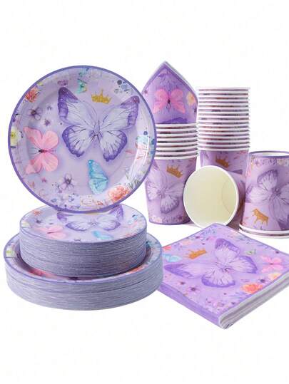 Purple Butterfly Crown Disposable Plates, Napkins, And Cups, A Set Of Party Supplies Featuring A Purple Butterfly Crown Design, Suitable For 25 Guests. These Disposable Paper Plates And Partyware Are Ideal For Birthday Parties And Family Picnics