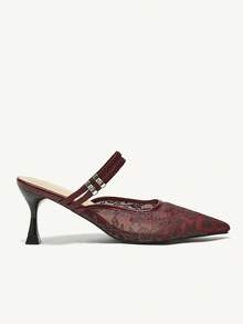 CUCCOO CHICEST 尖头高跟蕾丝新娘鞋，踝带性感街头风格假日高跟鞋，适合圣诞节和新年假期氛围秋冬 - 酒紅色 - 查看 4