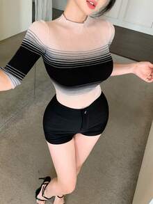 DAZY Light Grey,Summer,Chic,Night Out Gradient Striped Contrast Color Turtleneck Knit Top,Slim Fit Sheer Short Sleeve Blouse,Elegant Office Wear For Women - Pink - View 10