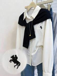 SHEIN 少女宽松休闲舒适翻领刺绣马图案撞色两件套长袖衬衫，返校季 - 黑與白 - 查看 3