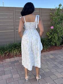 Alexandranx 浪漫印花肩带系带女士夏季连衣裙 - 彩色 - 查看 2