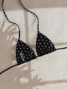 Swim Mod Random Gold Shell Print Halter Neck Triangle Cup Sexy Swimwear Top For Summer Vacation - Black and White - View 2