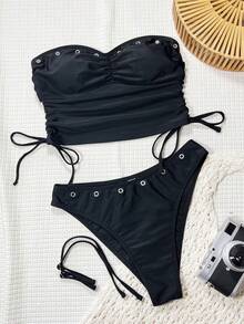 Swim Chiccia Chicsea-D 黑色无肩带可拆卸肩带金属孔眼褶皱侧边抽绳休闲性感女士沙滩连体泳衣套装 - 黑色 - 查看 4