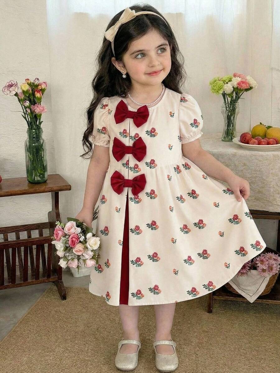 SHEIN LMoss Kids Young Girl Ditsy Floral Elegant Puff Sleeve Dress,Kids - Black and White - View 1