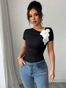 Elenzga Áo thun ngắn tay dáng ôm xếp ly, thiết kế hoa văn tinh tế, thanh lịch, thích hợp cho kỳ nghỉ, lễ hội âm nhạc và đi làm, hàng mới về mùa Xuân/Hè. - màu đen - Xem 6