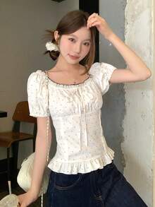 FRIFUL Áo kiểu nữ dáng suông họa tiết chấm bi, có bèo nhún, thích hợp cho mùa hè. - Màu be - Xem 4