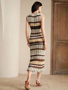 Anewsta 女士彩色条纹无袖针织中长连衣裙，优雅风格，春夏女士中长连衣裙，条纹中长连衣裙，针织连衣裙，大地色系连衣裙，无袖中长连衣裙 - 彩色 - 查看 2