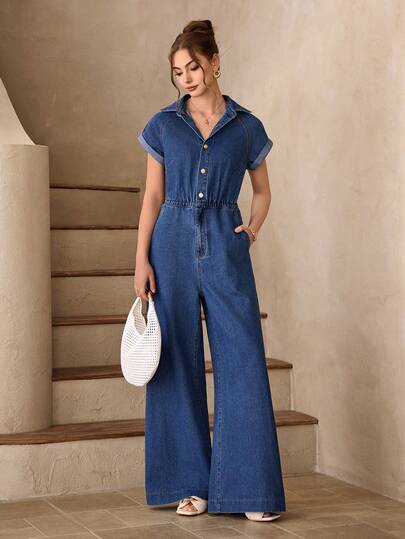 Selenza Women's Elegant Short Sleeve Denim Jumpsuit, Summer