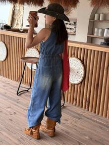 DAZY Tween Girls' Casual Halter Neck Denim Jumpsuit - Blue - View 2