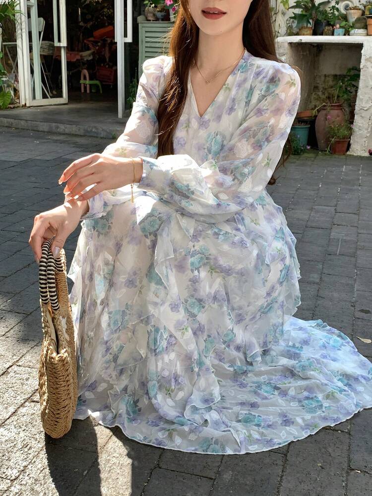 Women's V-Neck Long Sleeve Waist Cinched Long Elegant Dress