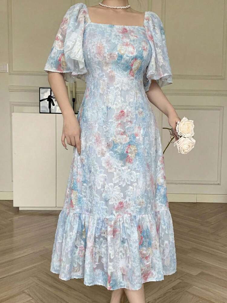 Women's Elegant Floral Print Ruffle Hem Dress, Summer Sundress Boho