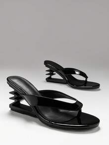SHUZIA Womne's Minimalist Thong Strap Wadge Sandals - Black - View 3