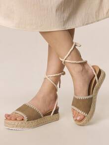 Styleloop Nuevas sandalias con correa y tira trasera, cuña gruesa para mujer, verano, punta abierta, cuerda de cáñamo, paja, impermeable, estilo romano, para uso exterior, playa, vacaciones, color caqui - Caqui - Ver 6