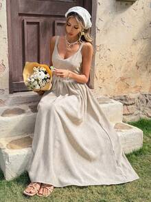 Livesso V-Neck Waist Cinched Midi Dress For Women, Vacation - Beige - View 6