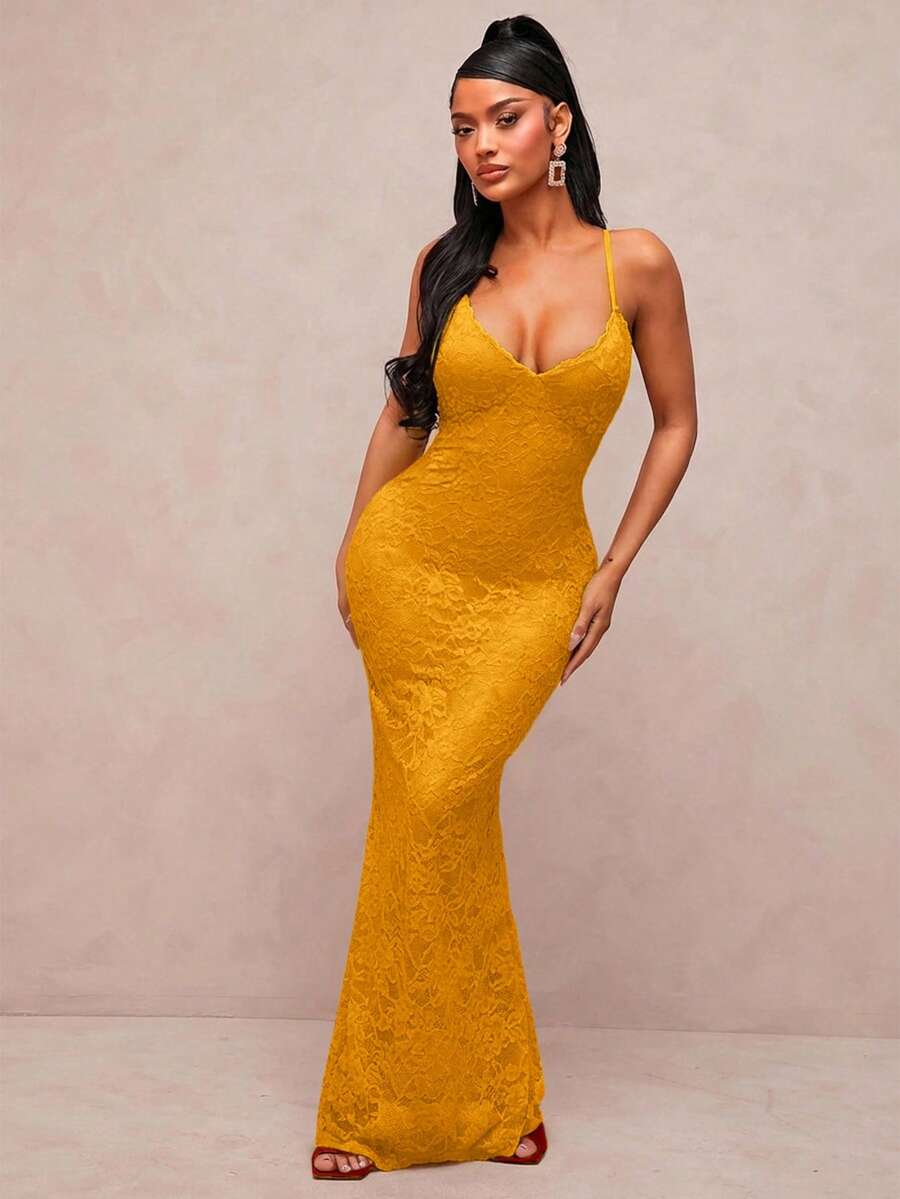 SHEIN SXY Trang phục nữ mùa thu; Đầm hai dây ren gợi cảm và thanh lịch cho tiệc cocktail, hẹn hò lãng mạn, mùa thu/đông, mặc nhiều lớp, dự tiệc, sự kiện trang trọng, đầm phù dâu, đi chơi đêm, Halloween, Giáng sinh; Đầm dự tiệc ngày lễ; Đầm đêm giao thừa; Trang phục nữ đón năm mới - trái cam - Xem 1