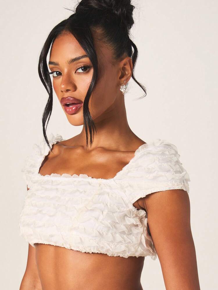 MISSGUIDED White Textured Ruffle Crop Top And Frill Hot Pants Co Ord Set Off Shoulder Two Piece Summer Festival Outfit Bohemian Beach Vacation Ensemble