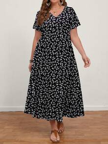 EMERY ROSE Plus Size Women Casual Minimalist V-Neck Short Sleeve Dress, Suitable For Summer - Multicolor - View 4