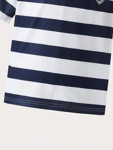 SHEIN Casuvi Kids 2pcs Boys' Striped Shield Logo Knit Casual Loose Comfortable T-Shirt And Elastic Waist Pants Set Boys Casual Pants Suit Outfit - Navy Blue - View 7