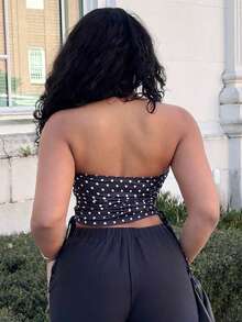 Alexandranx 女式休闲简约 Y2K 黑白波尔卡圆点印花褶饰系带短款上衣 - 彩色 - 查看 2