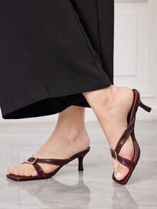 Sleekvia Sandalias de mujer con punta cuadrada y abierta, tacón de aguja alto y sexy de color marrón oscuro, estilo mule con correa cruzada, transpirables y de vanguardia para uso diario - Café integral - Ver 5