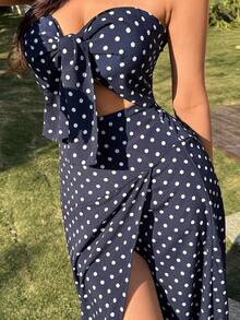 SHEIN VCAY 女式無肩帶圓點前打結上衣與側開岔裙套裝 - 藏蓝色 - 查看 8