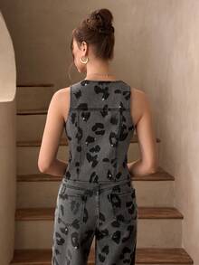 Selenza Áo khoác denim không tay họa tiết da báo dành cho nữ, kiểu dáng thường ngày, đính đá, thích hợp cho mùa hè. - Xám - Xem 2