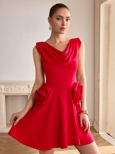 CLARA VERO Red Cowl Neck Rose Detail Mini Dress: Fitted Bodice And Voluminous Skirt, Ideal For Date Nights Or Cocktail Events, Crafted In Non-Elastic Satin Look Polyester Featuring 3D Handmade Flower Trim And Deep Scoop Back Red Dress Womens Red Dress Red Cocktail Dress Rose Detail Dress Red Party Dress Red Elegant Dress Red Casual Dress Red Summer Dress Red Formal Dress