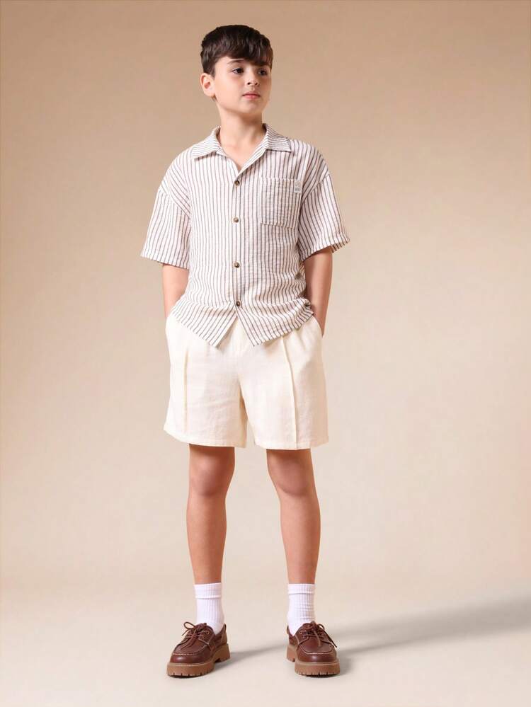 Boys Linen Feel Striped Short Sleeve Button Down Shirt And Chino Shorts Summer Casual Two Piece Coordinate Set