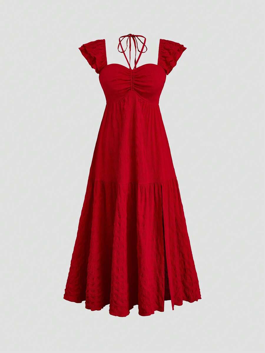 Sweetra New Summer Cap Sleeve Backless Casual Fitted Vacation Dress - Red - View 1