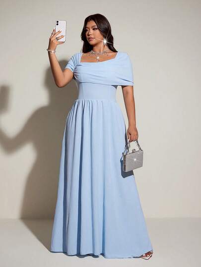 Viva Relle Plus Size Women's Elegant Romantic Chiffon Flowy Shawl Strapless A-Line Long Dress, Suitable For Party, Wedding Guest, Bridesmaid, Spring/Summer