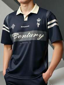 Manfinity Hypemode 男士字母印花短袖休闲通勤 Polo 衫 男士针织衫 学院风图案 Polo 衫 男士高尔夫球衫 保龄球衫 橄榄球衫 Polo 衫 - 黑色 - 查看 3