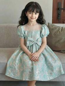 Vestido elegante con cuello cuadrado, mangas abullonadas y decoración de lazo para niña - Verde - Ver 1