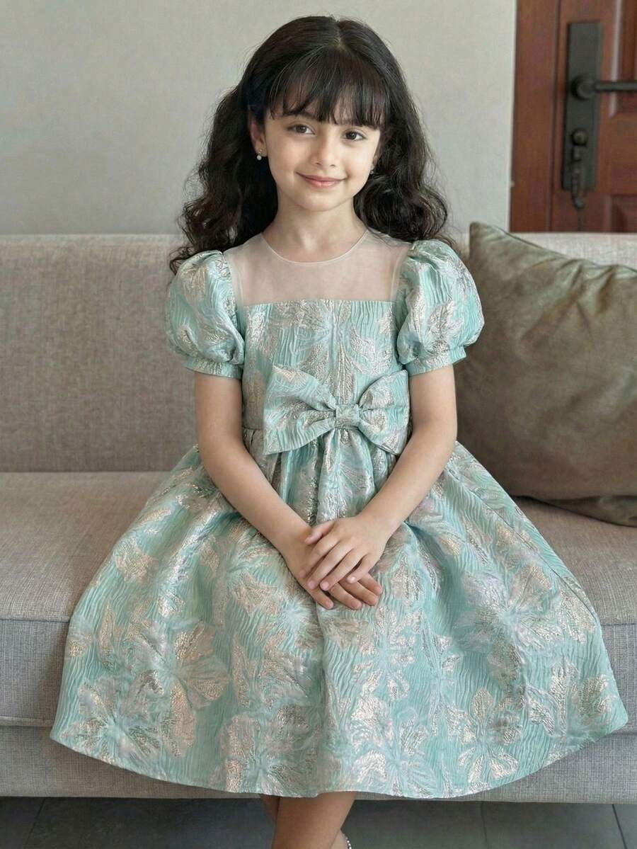 Vestido elegante con cuello cuadrado, mangas abullonadas y decoración de lazo para niña - Verde - Ver 1