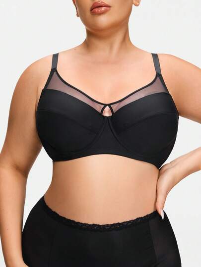 SHAPORA 1 pieza Sujetador simple y sexy con empalme de malla de talla grande, con elevación y comodidad, adecuado para uso casual, de viaje y como ropa interior de capa