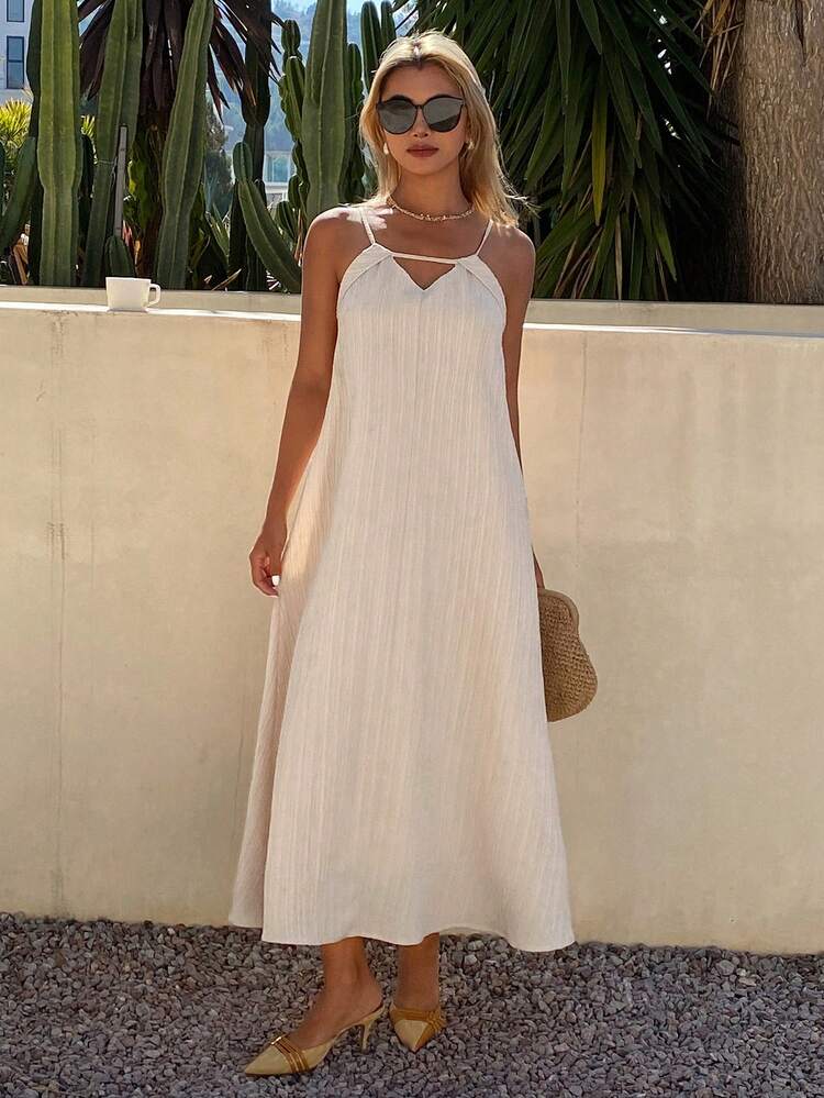 Women's Elegant Solid Color Spaghetti Strap Tie Waist Mid-Length Dress, Summer Sundress