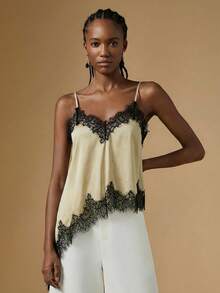 Briarwyn Áo camisole nữ phối ren, vạt bất đối xứng, kiểu dáng thường ngày, đa năng, thích hợp cho buổi hẹn hò hoặc buổi tối. - Màu Khaki - Xem 6