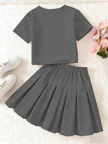 Tween Girls' Casual Everyday Commute School Style Contrast Color Bow Decor Short Sleeve T-Shirt & Pleated Mini Skirt Set, Summer - Grey - View 3
