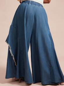 Vixey 高腰弹力腰带毛边侧片阔腿牛仔阔腿裤 - 深色水洗藍 - 查看 5