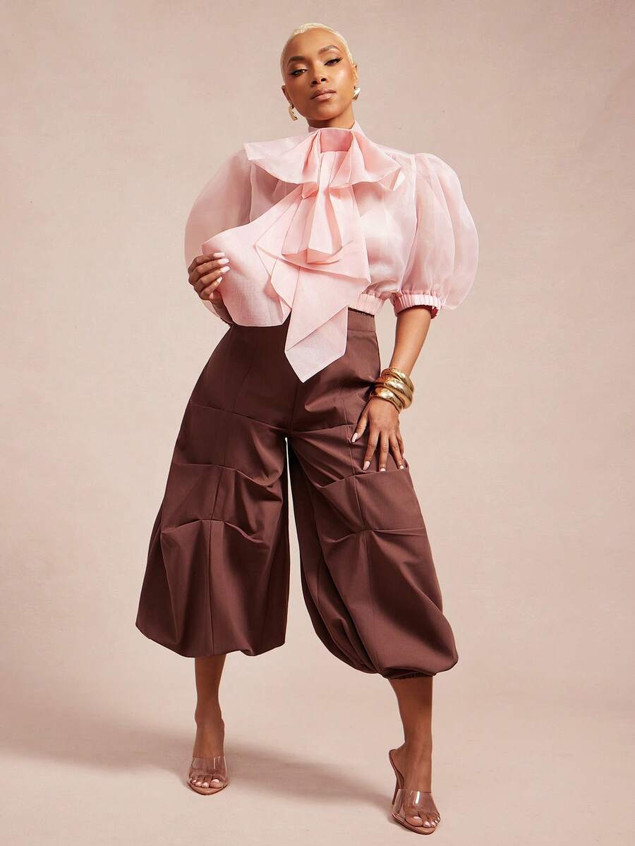 Vixey Sheer Organza Exaggerated Bow Petal Sleeve Top - Hot Pink - View 1