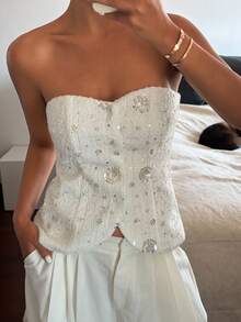 Livesso Holiday Easter Party Summer Vacation Sequin Decorated Cropped Camisole For Women - Silver - View 7