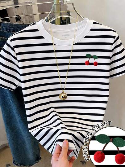 Resyla Women's Cherry Print Short Sleeve Striped Casual Round Neck T-Shirt